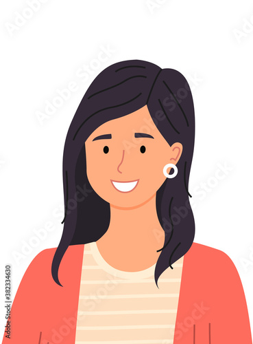 Cute brunette hispanic girl, smiling woman with earrings, avatar of pretty female, cheerful lady smile isolated at white. Spanish adult woman, multicultural concept. Different nationality people