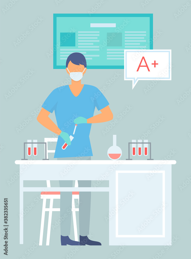 Fototapeta premium Scientist man wearing medical suit exploring elements, making tests with flasks and test tubes, liquids, laboratory experiment, research, laboratory assistant and researching, biochemistry tests
