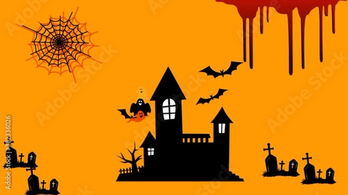 Animated Halloween background with scary pumpkins. Scary halloween night with flying bats, ghosts, animated trees, grass and haunted castle