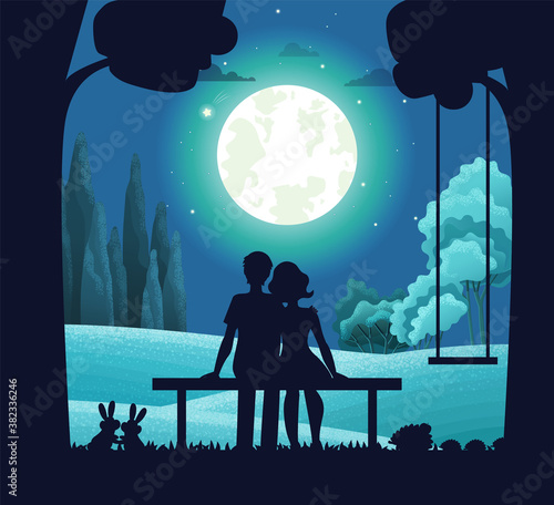 Night Forest Landscape Young Romantic Couple Sitting On Bench Under Moonlight Date On Moonlit Night Tree With Hanging Swing Pair Of Hares Deciduous Forest Bushes Background Bright Round Moon Stock Vector Night Forest Landscape Young Romantic Couple Sitting On Bench Under Moonlight Date On Moonlit Night Tree With Hanging Swing Pair Of Hares Deciduous Forest Bushes Background Bright Round Moon Stock Vector