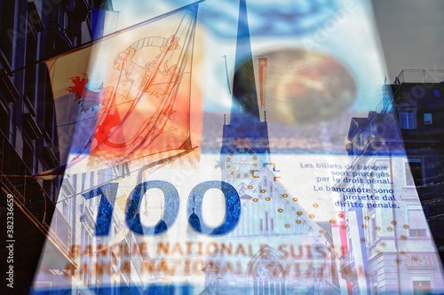Schweizer Bankenplatz Zürich - 100 Schweizer Franken Note Serie 9 2020 im Hintergrund das zürcher Fraumünster 