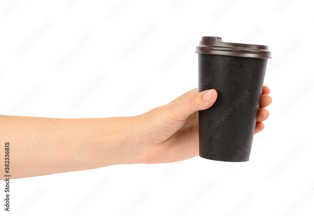 Woman holding takeaway paper coffee cup on white background, closeup Woman holding takeaway paper coffee cup on white background, closeup