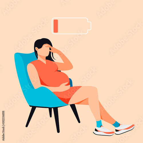 Tired pregnant woman sitting in chair flat cartoon illustration. Health pregnancy, hormones, depression, suffering, waiting for baby
