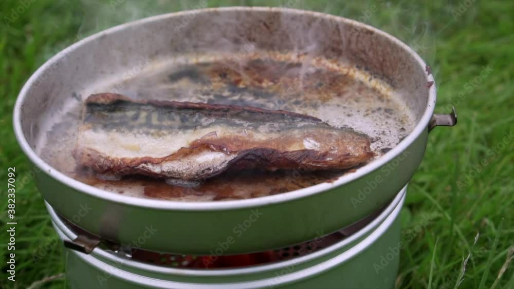 Mackerel Fish fillet frying in camping outdoor pan cooking set after being Fished Out. Fresh clean beautiful pattern texture and colours. Slow motion shot at shoreline Mackerel Fish fillet frying in camping outdoor pan cooking set after being Fished Out. Fresh clean beautiful pattern texture and colours. Slow motion shot at shoreline