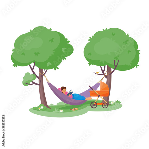 Girl lays in a hammock and reads a book. There is baby stroller next to the woman. Color vector isolated  illustration in flat style.