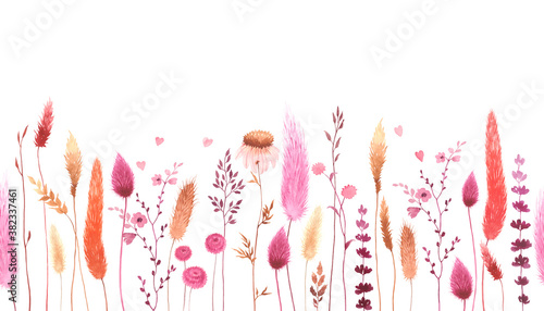 Watercolor floral seamless pattern with colorful wildflowers, plants and hearts. Panoramic horizontal border, romantic illustration. Meadow in vintage style, background for greeting or invitation card