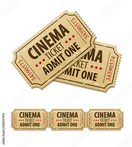 Old cinema tickets for Movie theater. Isolated on white background. Illustration.