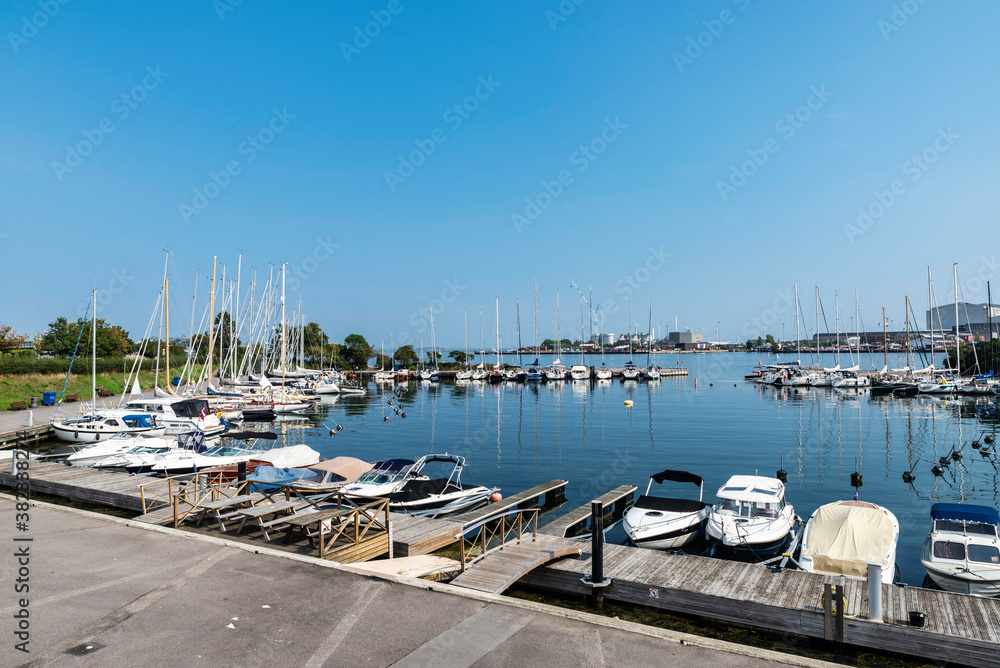 Boats and sailboats moored in the Langelinie Marina, Copenhagen, Denmark