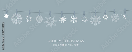 grey christmas card with hanging snowflakes vector illustration EPS10