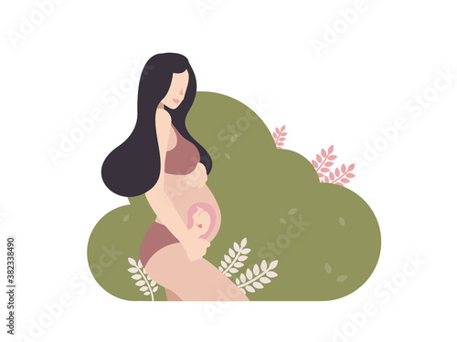 Simple Vector illustration of a young woman expecting a baby, flat people. Happy mom. Pregnancy Pretty pregnant woman. Nice natural eco  palette. EPS 8