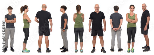 Front, side and back views of a family wearing sportswear on white background.