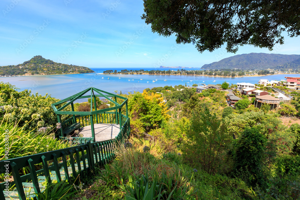Panoramic view of Tairua (foreground) and Pauanui (across the water, to the right), two holiday