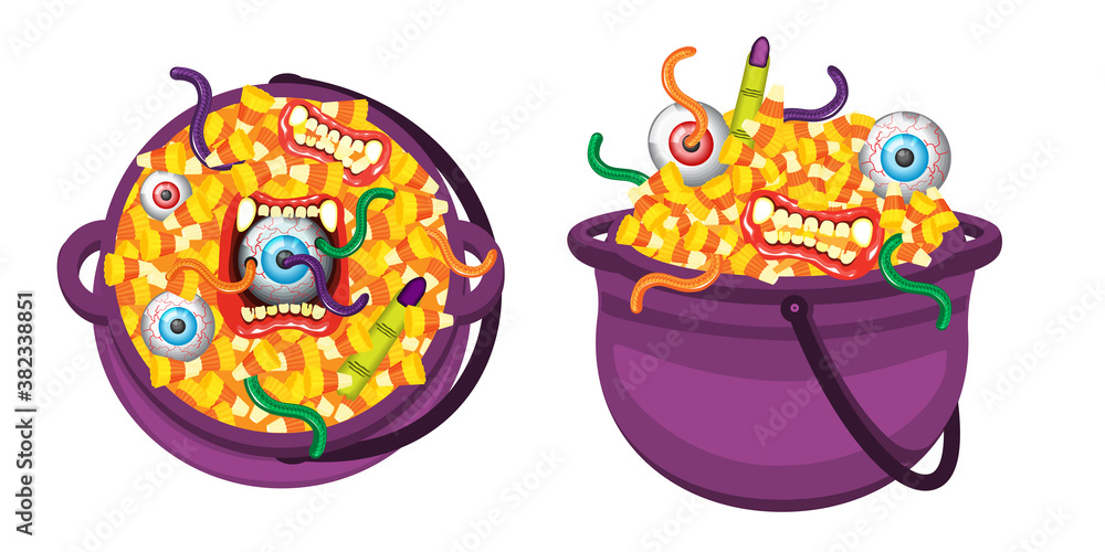 Illustration vetor isolated cute cartoon object on Happy halloween Day decoration on table setting for kids party as concept.Candy corn , worm gummy jelly , sweet eyes, dracula teeth in witch pot. Illustration vetor isolated cute cartoon object on Happy halloween Day decoration on table setting for kids party as concept.Candy corn , worm gummy jelly , sweet eyes, dracula teeth in witch pot.