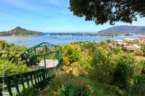 Panoramic view of Tairua (foreground) and Pauanui (across the water, to the right), two holiday towns on the Coromandel Peninsula, New Zealand photo