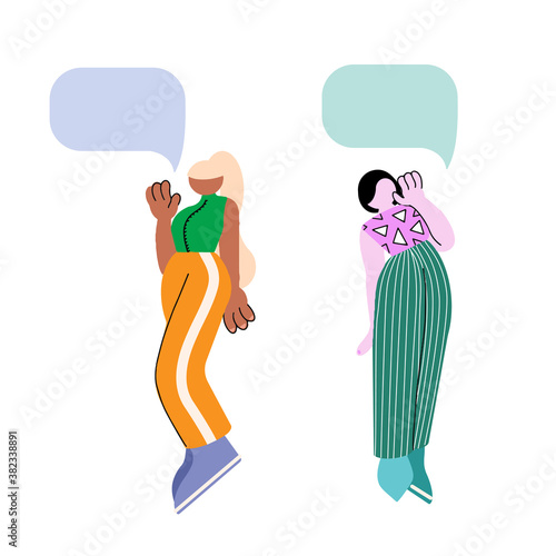 illustration of young women, girls talking. with cloud information, modern style trend freehand drawing, bright colors. vector illustration for poster, banner, cards EPs 10