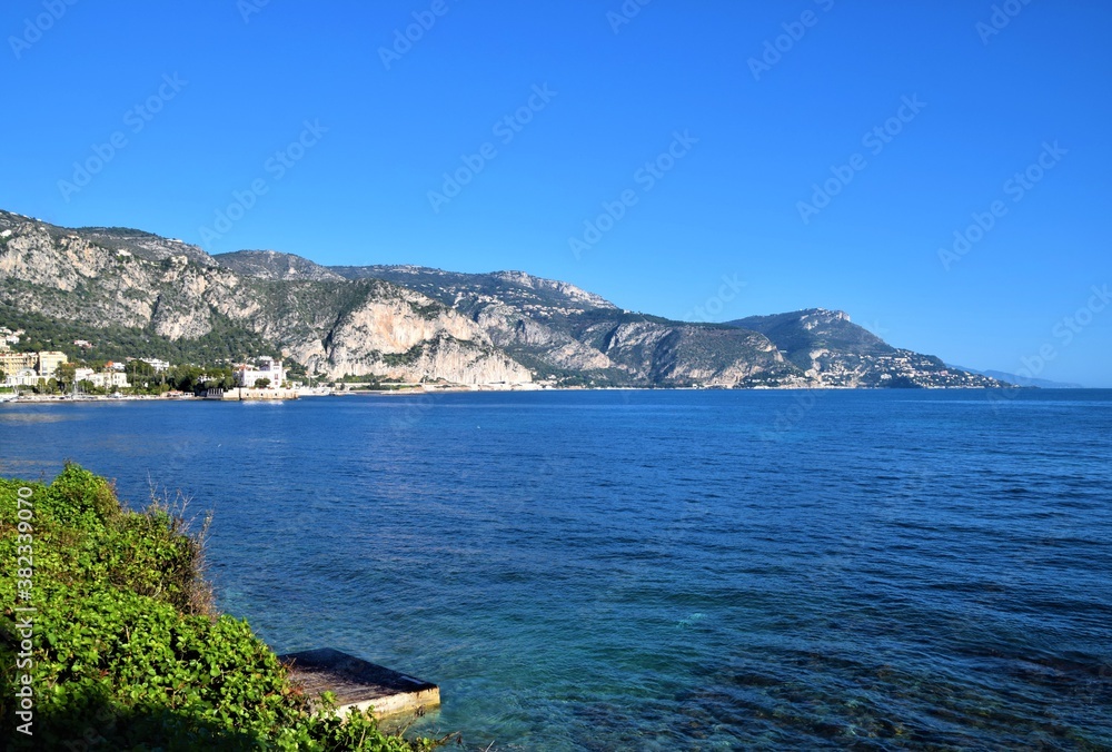 Scenic view of the sea, mountains and coast at Saint Jean Cap Ferrat, South of France