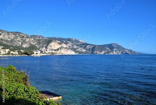 Scenic view of the sea, mountains and coast at Saint Jean Cap Ferrat, South of France