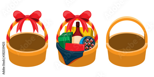 vector illustration of cute Christmas wicker gift basket isolated on white background.