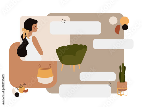 Young woman flat vector illustration with information clouds. Design interior items in a cozy trendy Scandinavian style. Nice natural colors. Modern contemporary style EPS 8