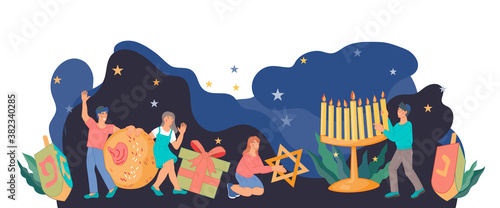 Holiday banner template with cute smiling children celebrating Hanukkah, flat vector illustration. Hanukkah Jewish holiday poster background with festive signs.