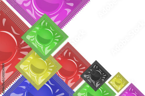 Stylized background from multicolored condoms. Vector horizontal