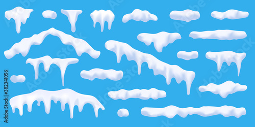 Realistic 3d snow caps. Collection of ice caps. Winter design vector snowdrifts. Christmas and New Year decoration elements.