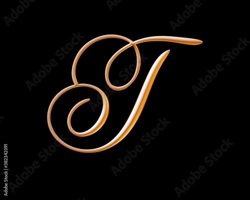 golden 3d alphabet, embossed letter t, 3d illustration, uppercase