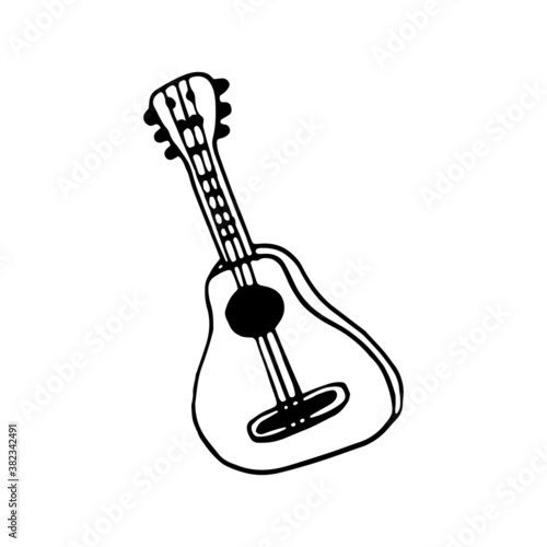 Vector doodle guitar icon. Element for stickers, poster, print, logo, postcards, flyers, travel blog icon or music instruments shop. Outdoor activities. Playing music near campfire. Music icon.Camping