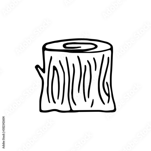 Vector doodle forest stump icon. Hand drawn element isolated on white for stickers, poster, prints or seasonal design. Tree stump. Dendrology symbol in cartoon linear style. Firewood for camp barbecue