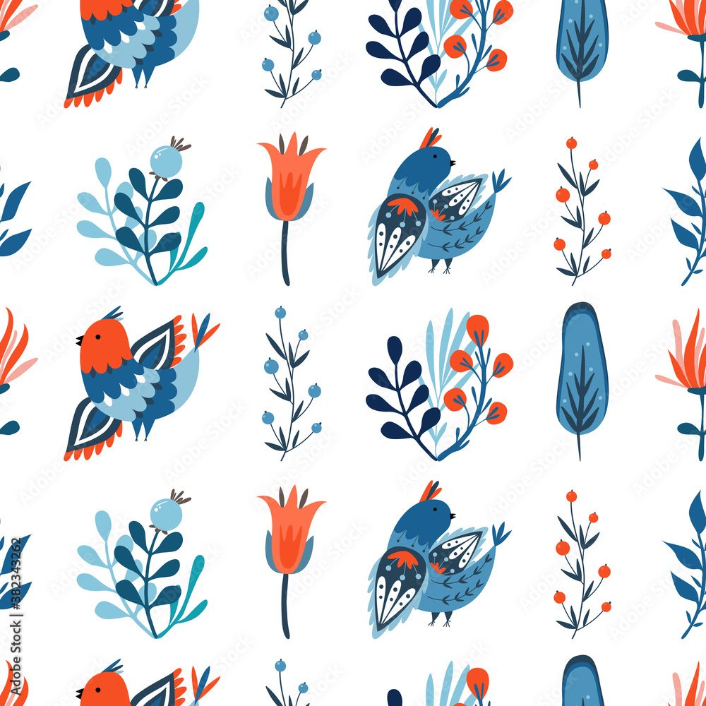 Vector seamless pattern with blue birds and flowers. Folk style. Folklore ornamental art. Decorative ornament. Illustration isolated on white background. For wrapping, wallpaper, textile, scrapbooking