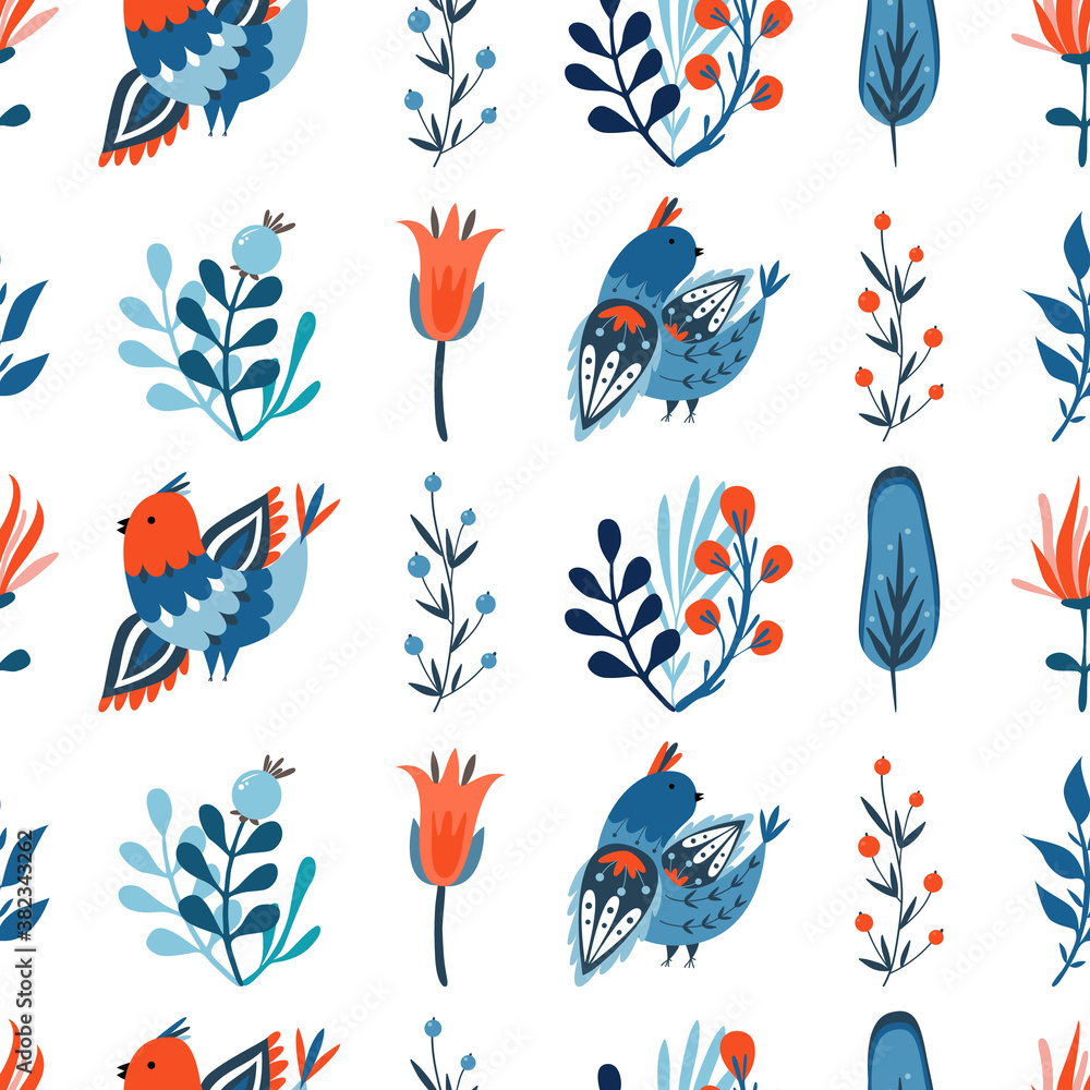 Fototapeta premium Vector seamless pattern with blue birds and flowers. Folk style. Folklore ornamental art. Decorative ornament. Illustration isolated on white background. For wrapping, wallpaper, textile, scrapbooking