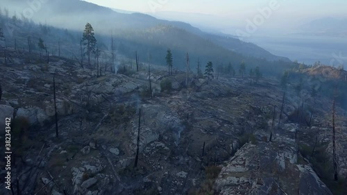 Forest fire burning and smoke from above in unique drone perspective. Rare view onto active wild fire in British Columbia, Canada . Smoke over dead woods, valley and trees. Aftermath landscape. photo