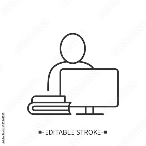 Junior manager icon. University student working on computer, books and notes. Recent graduate going through supervised training. Brand marketing intern. Isolated editable vector illustration