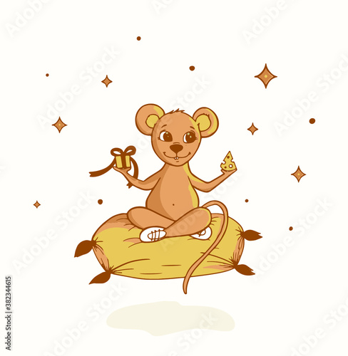Little cute mouse is resting on a pillow and the stars
