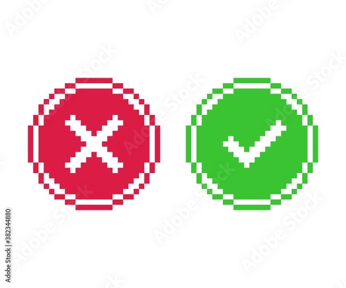 Pixel art 8-bit check mark and cross mark. Tick and cross sign. Circle shape YES and NO button. - isolated vector illustration