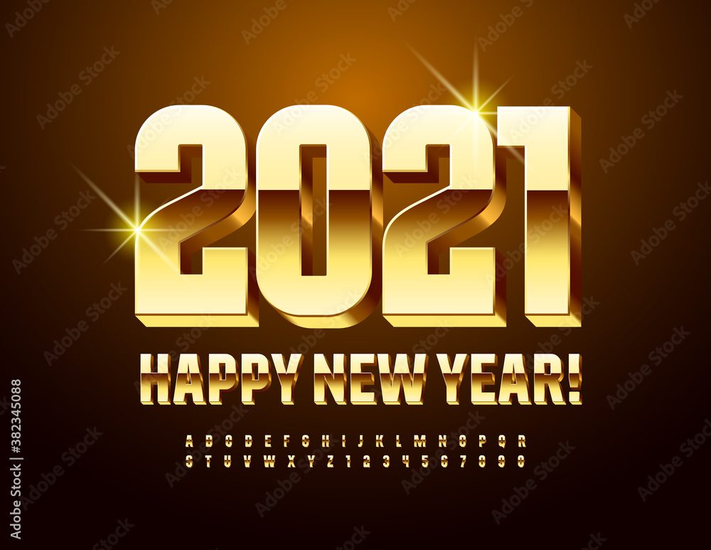 Vector greeting card Happy New Year 2021! Luxury Modern Font. Gold Alphabet Letters and Numbers