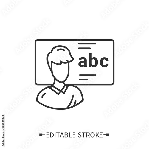 Language tutor line icon. Education with a teacher, mentor, trainer. School personnel. Foreign languages learning methods and translation education concept.Isolated vector illustration.Editable stroke
