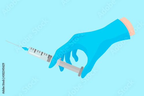 Vector cartoon hand of a dentist in a blue glove that hold a dental instrument: syringe with medicine or anesthesia