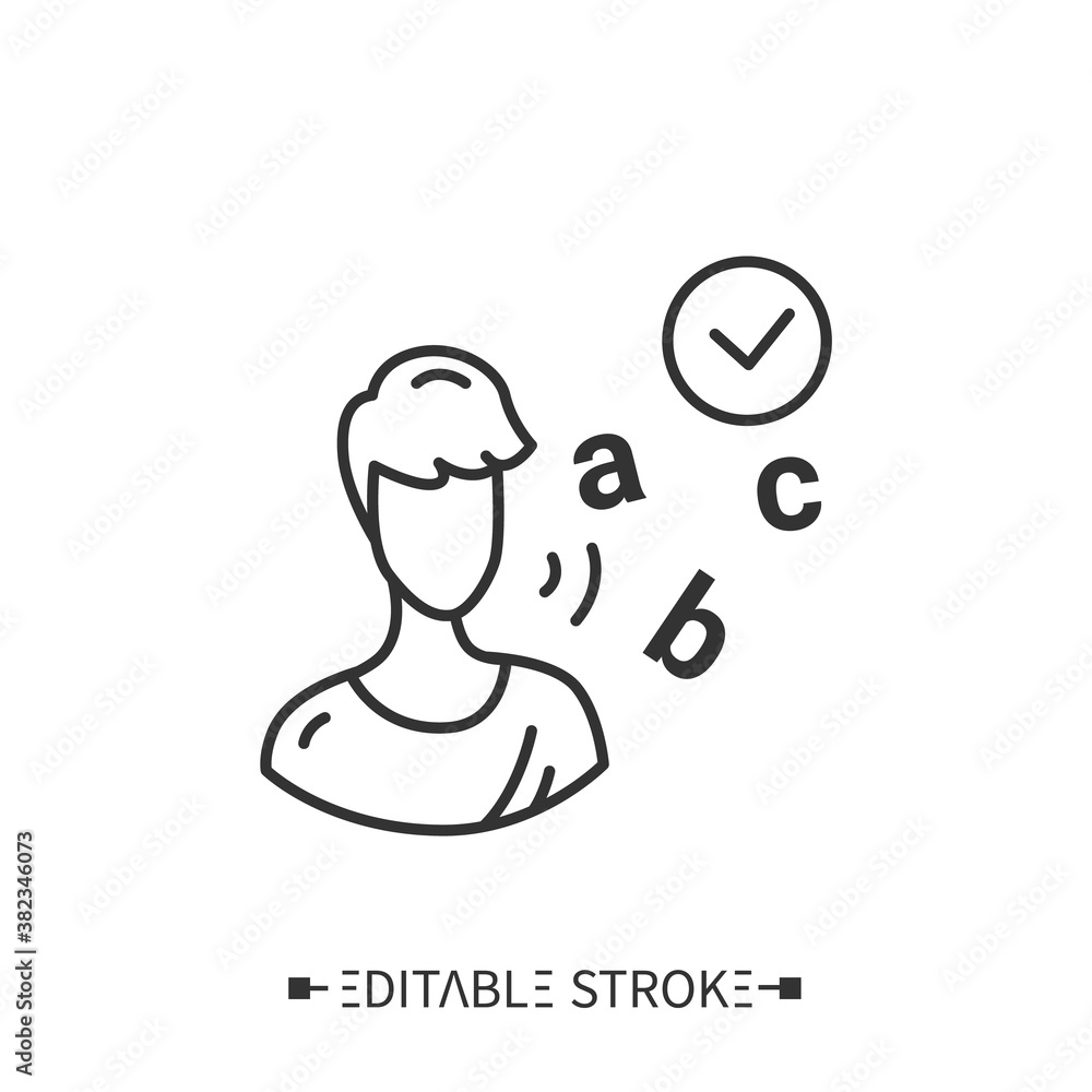 Pronunciation line icon. Phonetics .Linguistic sections. Foreign languages learning methods and translation education concept. Linguistic science. Isolated vector illustration. Editable stroke Pronunciation line icon. Phonetics .Linguistic sections. Foreign languages learning methods and translation education concept. Linguistic science. Isolated vector illustration. Editable stroke