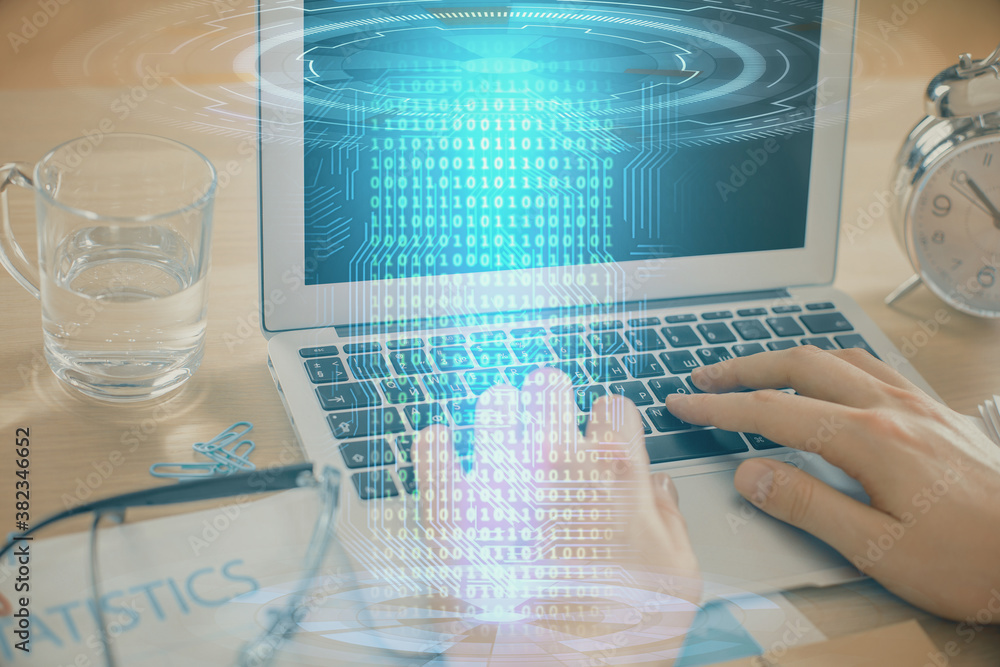 Businessman with computer background with technology theme hologram. Concept of big data. Double exposure. Businessman with computer background with technology theme hologram. Concept of big data. Double exposure.
