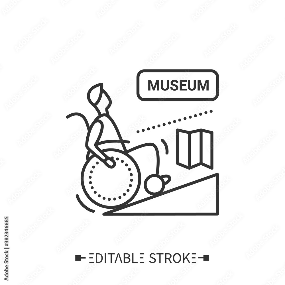 Museum entrance wheelchair ramp line icon. Accessible, for disabled people public places.Barriers-free environment and social adapting for disabled people.Isolated vector illustration.Editable stroke Museum entrance wheelchair ramp line icon. Accessible, for disabled people public places.Barriers-free environment and social adapting for disabled people.Isolated vector illustration.Editable stroke