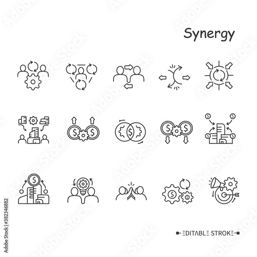 Synergy line icons set. Human, corporate, marketing, cost, revenue, operating financial and other types of synergies in business and communities. Isolated vector illustrations. Editable stroke 