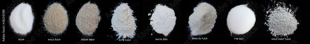 Close up of powdered food isolated on black background