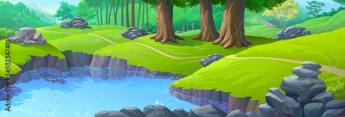 A couple of swans chilling on a rock near a river. Big trees, meadows, and a pile of rocks in a jungle.