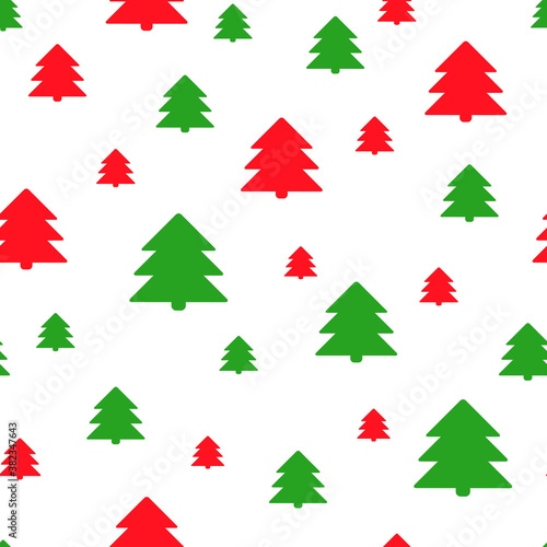 Simple retro Christmas seamless pattern with xmas trees. Traditional red and green colors background. Vector illustration. Winter endless texture can be copied without any seams.