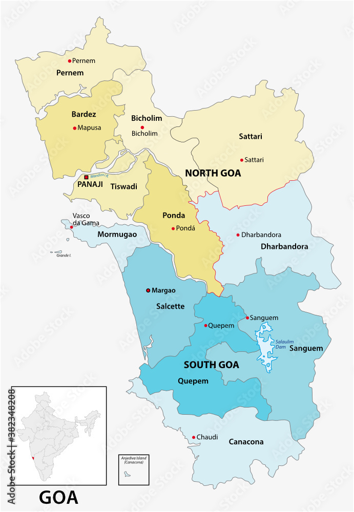 Administrative and political vector map of the Indian state of Goa - obrazy, fototapety, plakaty 