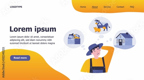 Farmer choosing between agriculture, cattle breeding and house. Thinking, choice flat vector illustration. Decision making concept for banner, website design or landing web page