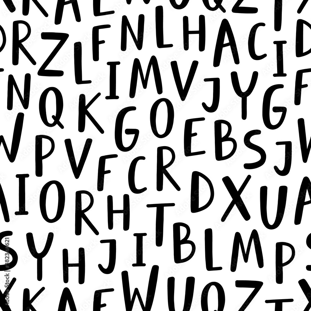 Hand drawn black and white cartoon alphabet, vector seamless pattern Hand drawn black and white cartoon alphabet, vector seamless pattern