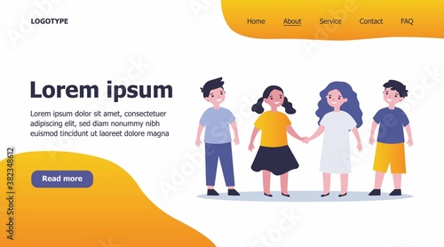 International friendship or multiethnic classmates concept. Diverse group of African American and Caucasian children playing together in kindergarten or school. Flat vector illustration