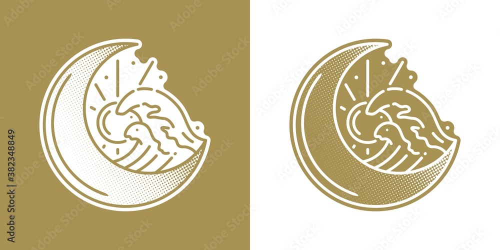 Moon with Wave and Sun Sticker, Badge Vector Design Moon with Wave and Sun Sticker, Badge Vector Design